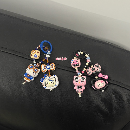 牛仔风可爱hellokitty凯蒂猫卡通串珠手绘可爱手机链包包挂饰挂件