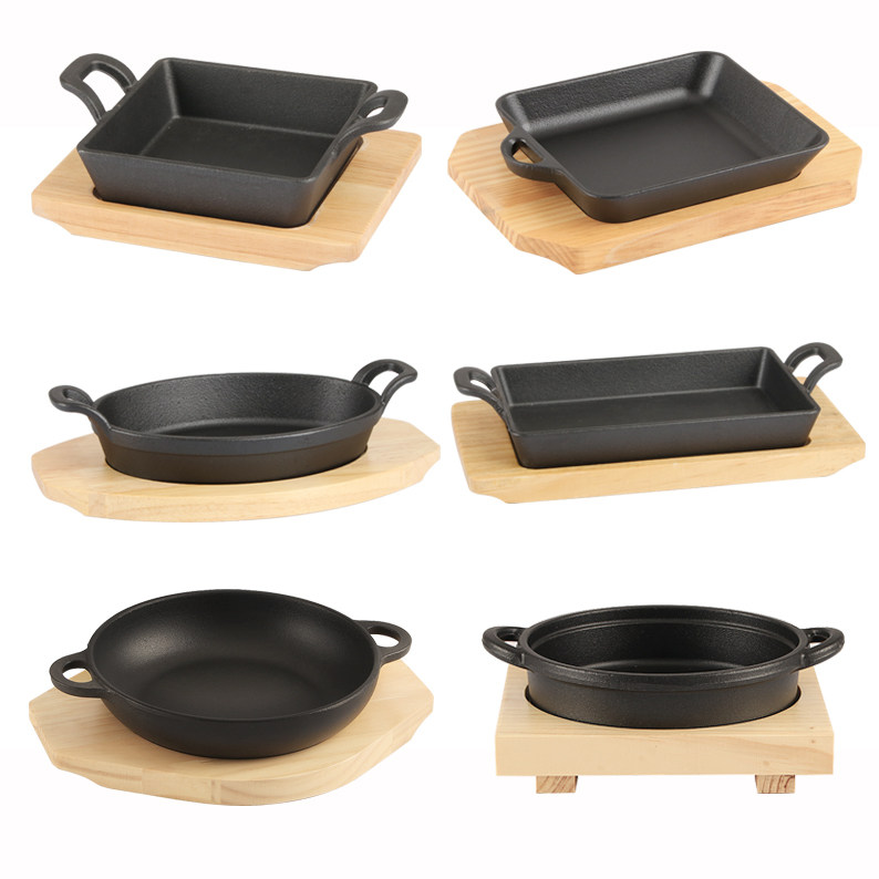 韩式双耳铁板商用铸铁小份烤鱼盘单人正长方形铁板烧盘条纹烤肉锅