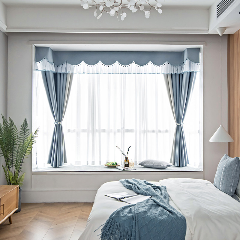 u型l型飘窗落地窗现代简约卧室太空蓝搭配优雅米窗帘窗幔私家定制