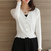 开衫 女上衣修身 长袖 新款 小外套 短款 针织衫 外搭女装 春秋季 花边大码
