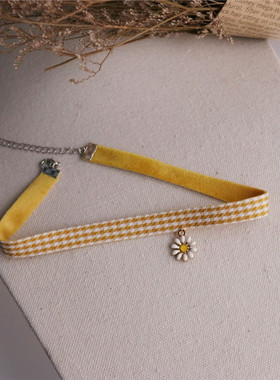 秋冬黄格子少女心雏菊项圈choker