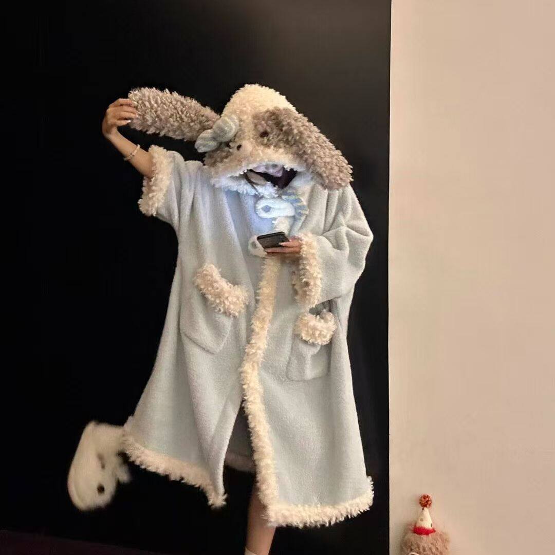 网红款大耳朵小狗连帽珊瑚绒睡袍女秋冬季新款保暖睡裙家居服睡衣