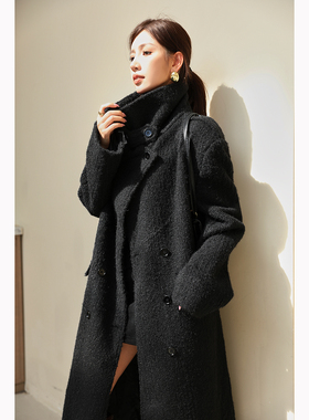 浅布调冬季立领加厚毛呢大衣女黑色高级大码高个宽松中长款呢外套