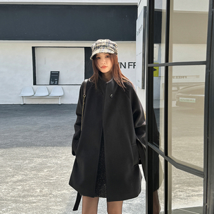 浅布调冬装新款一粒扣A字大摆绑带收腰显瘦气质中长款毛呢外套女