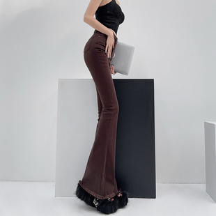 弹力拖地毛边牛仔喇叭裤 浅布调高个子加长裤 高腰显瘦美拉德棕修身