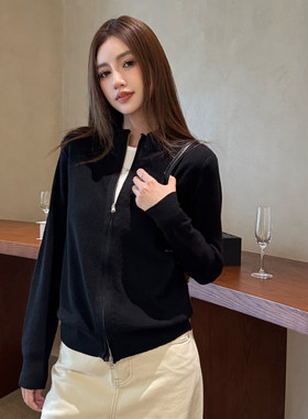 双拉链立领针织开衫女宽松显瘦