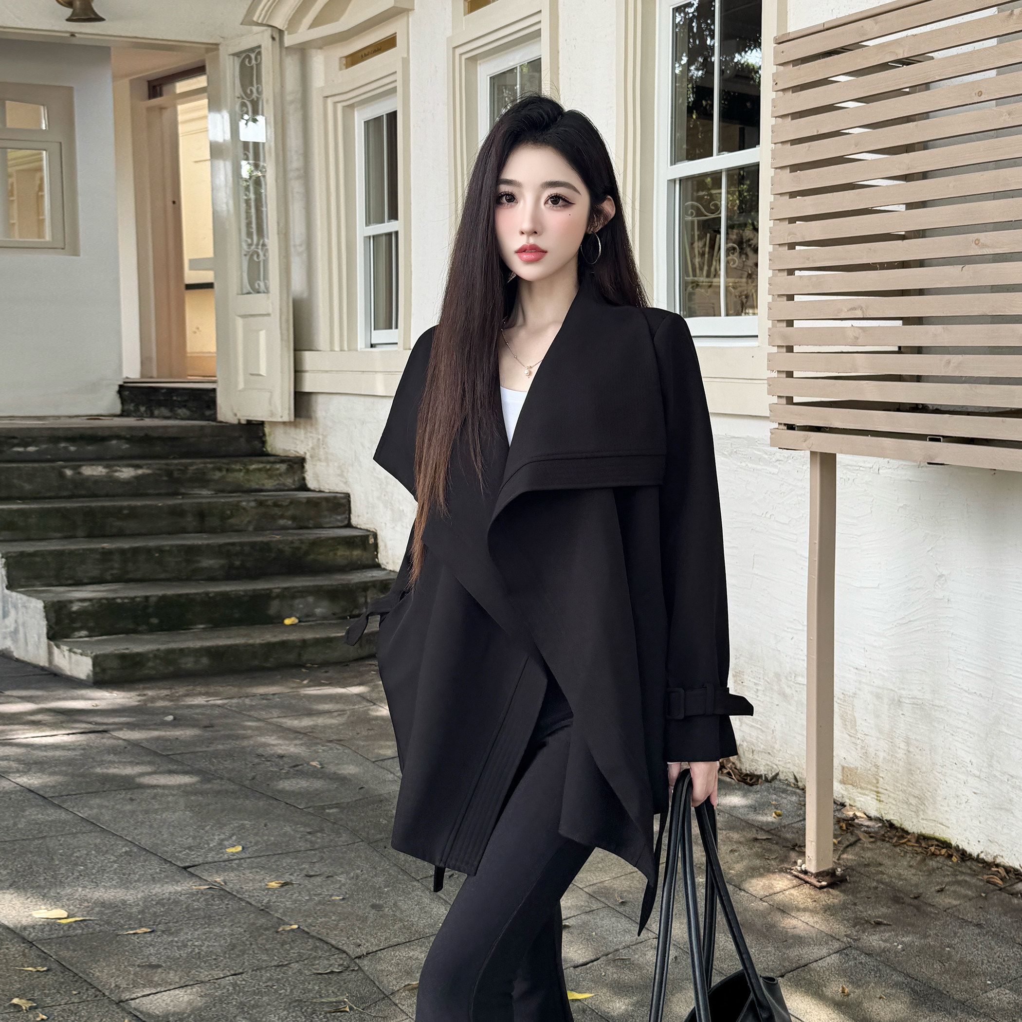 宽松不规则绑带老钱风中长款风衣图片