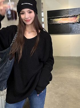 浅布调春秋黑色宽松V领毛衣女慵懒风羊毛高级感长袖针织衫上衣