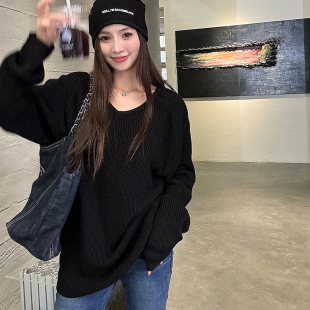 浅布调春秋黑色宽松V领毛衣女慵懒风羊毛高级感长袖针织衫上衣