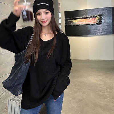 宽松V领毛衣女浅布调针织衫