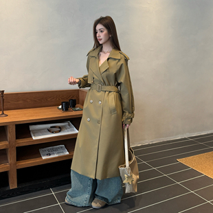 浅布调春装中长款风衣外套女双排扣系带收腰加长款高级感气质大衣