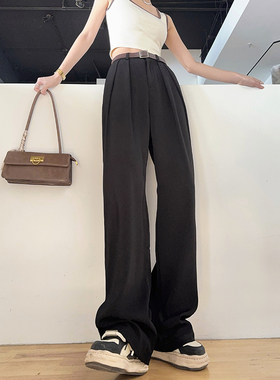 浅布调高个子加长裤春秋高腰显瘦宽松黑色西装拖地垂感阔腿裤女