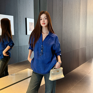 衬衫 浅布调 深蓝100苎麻中袖 新款 女高级感休闲宽松设计感衬衣 夏季