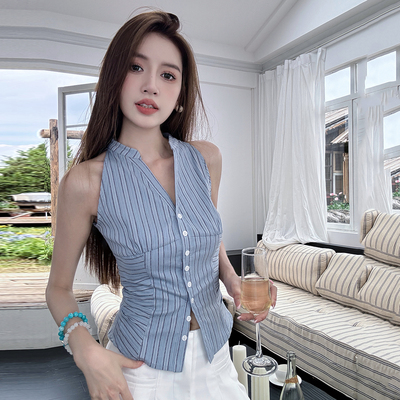v领纯欲无袖挂脖条纹衬衫短上衣