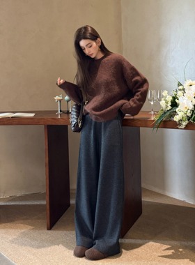 浅布调桑蚕丝羊毛呢阔腿裤加厚直筒高腰显瘦休闲裤女高个加长裤冬