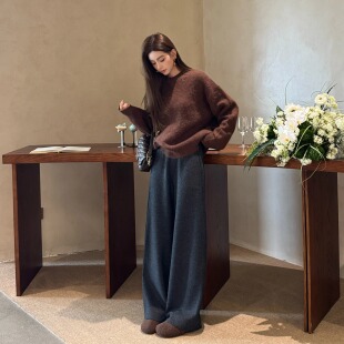 浅布调桑蚕丝羊毛呢阔腿裤加厚直筒高腰显瘦休闲裤女高个加长裤冬