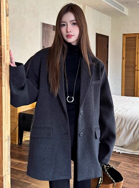 浅布调秋冬中长款高级感深灰色西装宽松廓形休闲加厚毛呢外套西服
