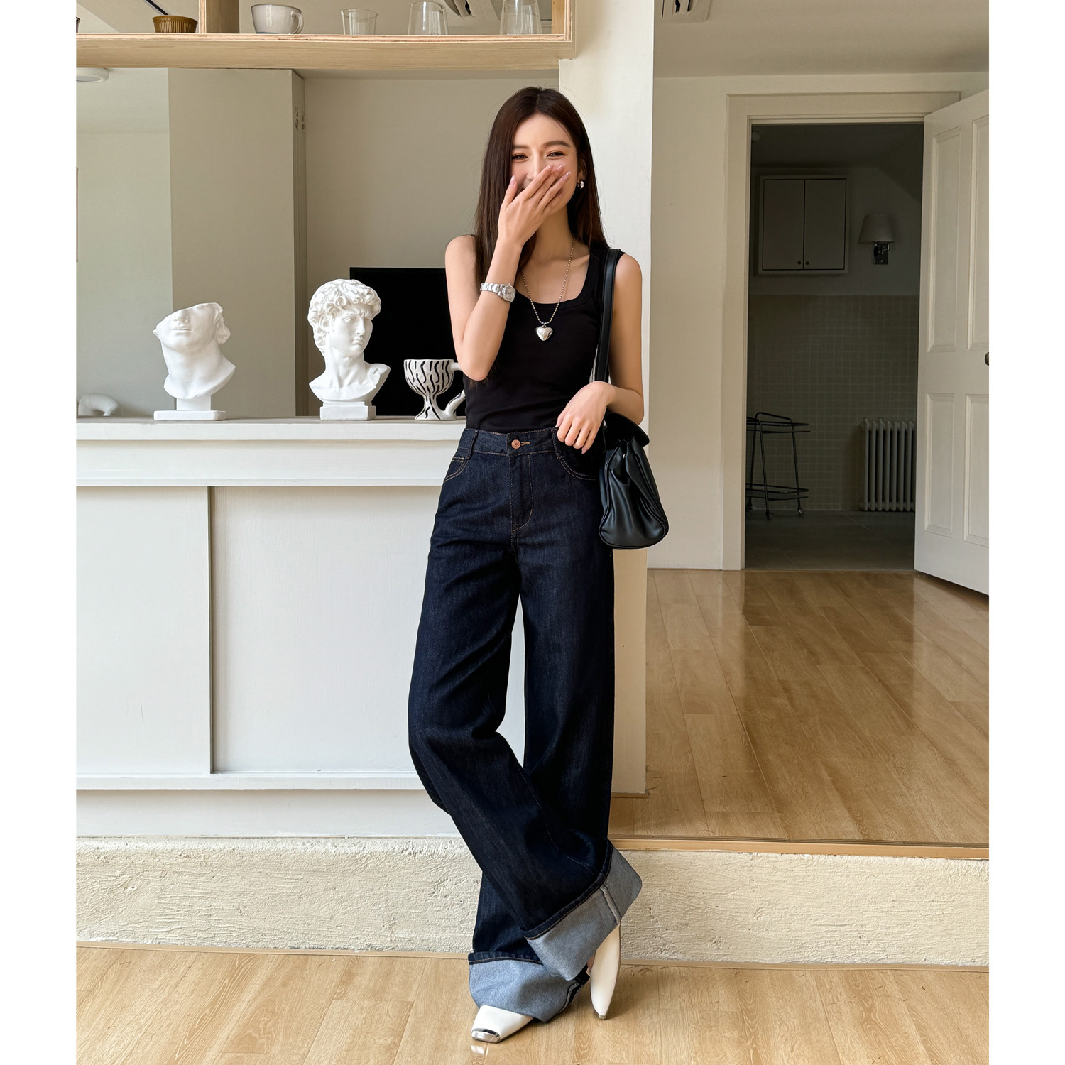 浅布调春秋松弛感复古裤脚卷边设计直筒长裤显瘦拖地超长阔腿裤女,女装/女士精品,牛仔裤,淘宝优惠券,粉丝福利购,淘宝优惠卷