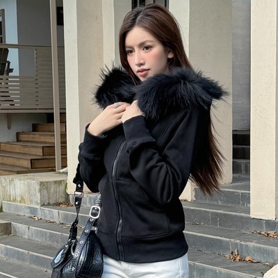 加绒加厚黑色真毛领拉链卫衣外套