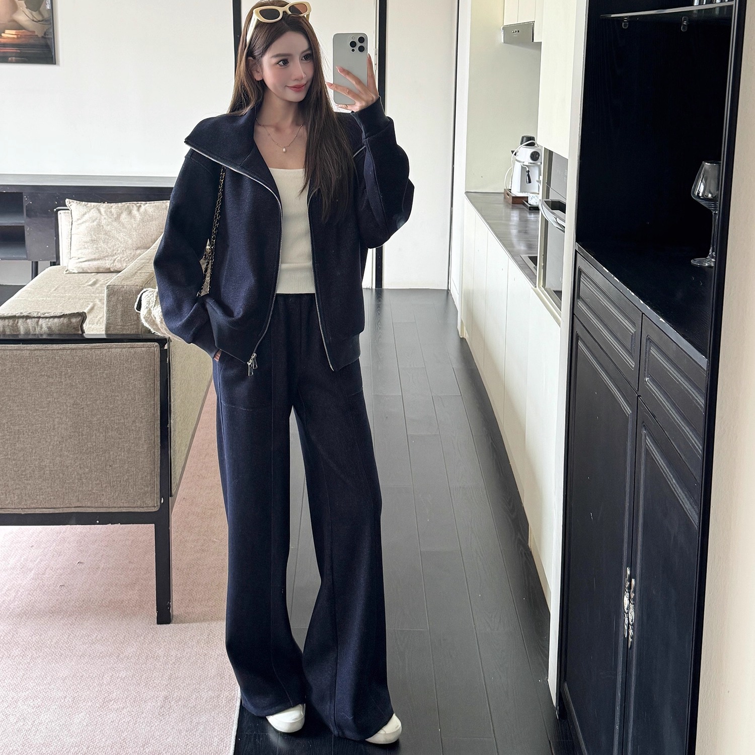 加绒卫衣套装立领休闲加厚阔腿裤