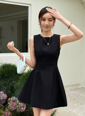 浅布调黑色千金无袖背心裙连衣裙赫本小黑裙夏季高个子收腰短裙子