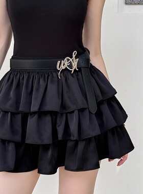 浅布调QBD 高级感缎面黑色蛋糕裙女高腰显瘦蓬蓬短裙a字半身裙夏