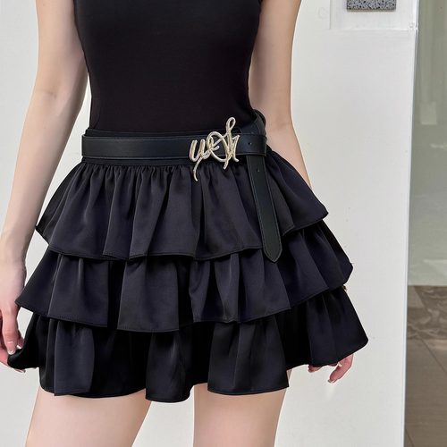 缎面黑色蛋糕裙蓬蓬短裙a字半身