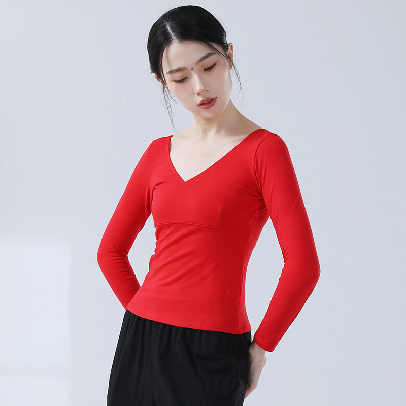 芭蕾现代舞蹈练功班服形体大V领长袖紧身上衣艺考学生课堂基训女
