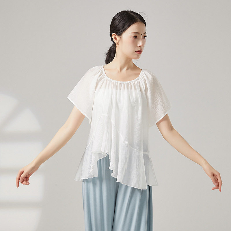 古典舞2026春夏新款宽松圆领罩衫现代舞练功服荷叶边短袖舞蹈上衣