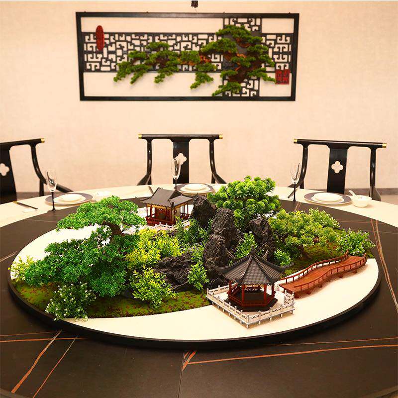 酒店大圆桌装饰品桌花新中式枯山水沙盘造景花艺转盘中间景观摆件