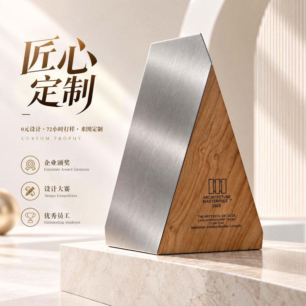 AAP三角斜面铝合金实木奖杯定制企业年会优秀员工颁奖建筑大师奖