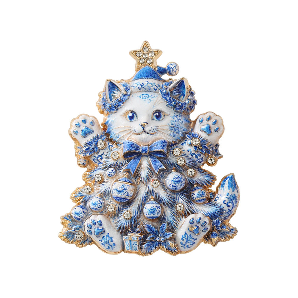 圣诞树猫咪中国风青花金属胸针图片
