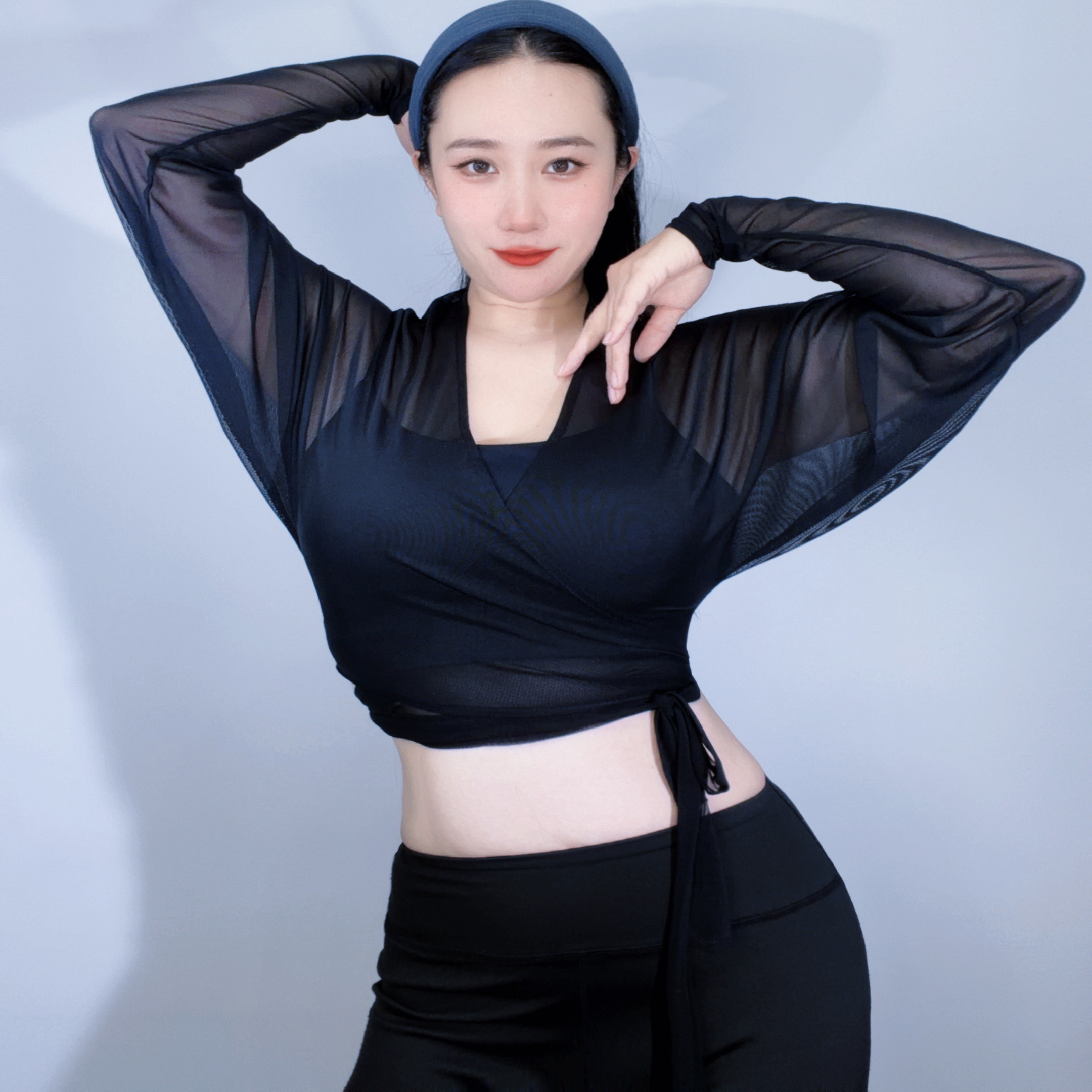 网纱外搭上衣舞者沐熙佳肚皮舞绑带V领轻薄长袖蝙蝠袖上衣{影舞}