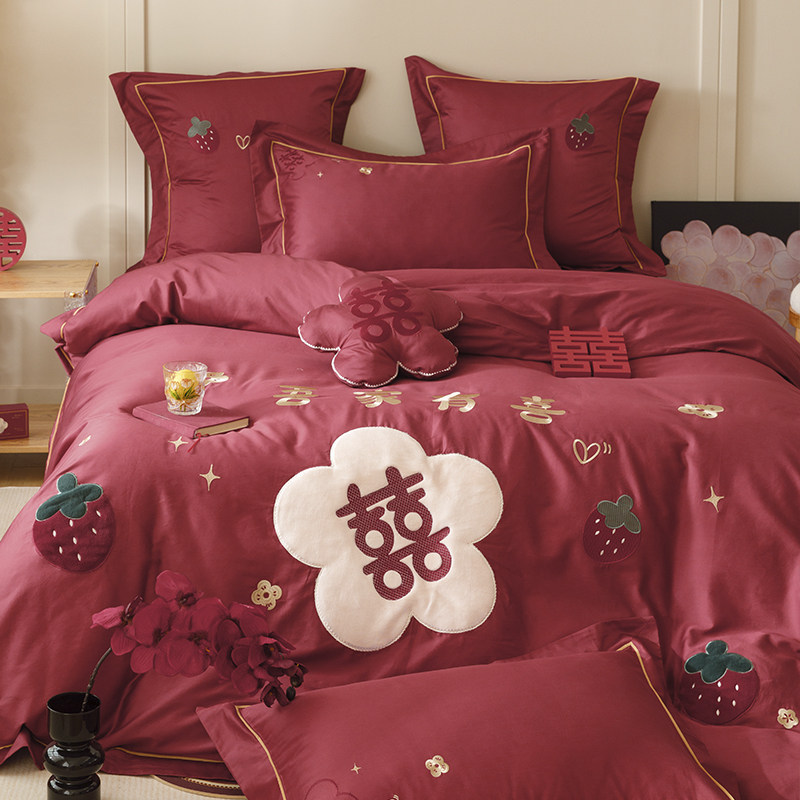 金喜鸟家纺大喜刺绣100支长绒棉结婚喜庆四件套红色婚庆高端床品