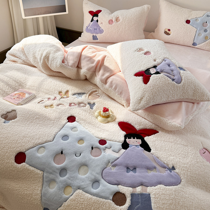 金喜鸟家纺可爱小女孩卡通羊羔绒被套冬天牛奶绒四件套冬季珊瑚绒