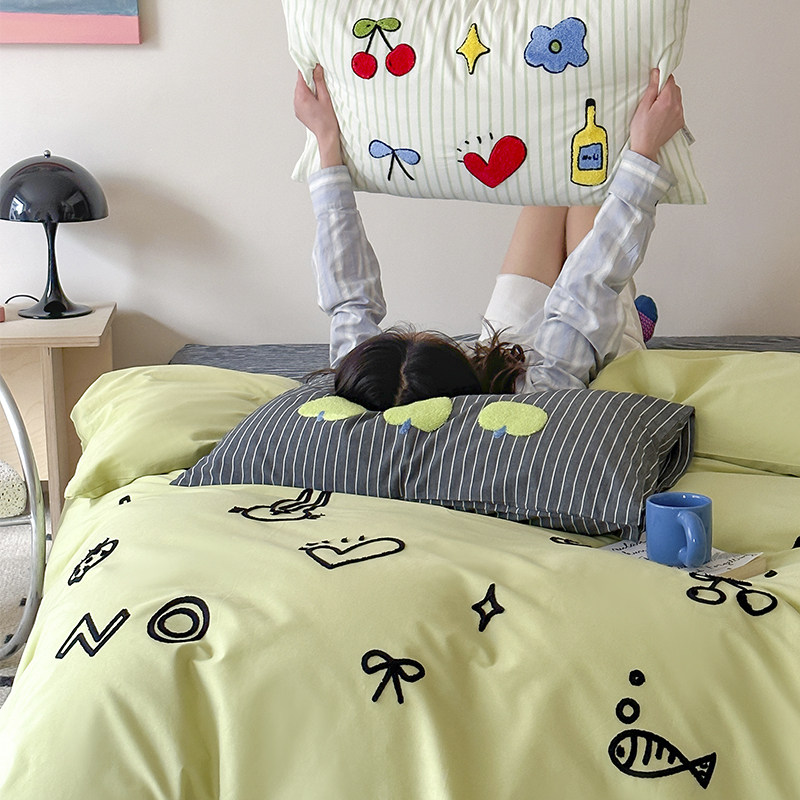 ins风春夏季彩色刺绣四件套全棉纯棉水洗棉被套床单床笠款2024新