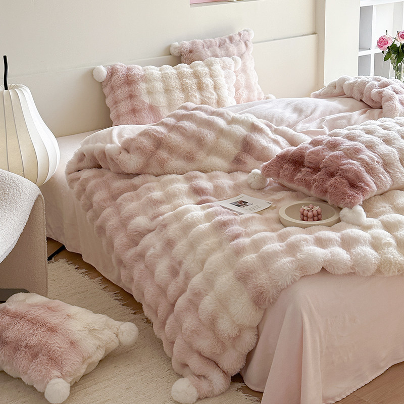 少女心毛球大泡泡兔兔绒四件套冬季珊瑚绒加厚保暖牛奶绒被套纯色