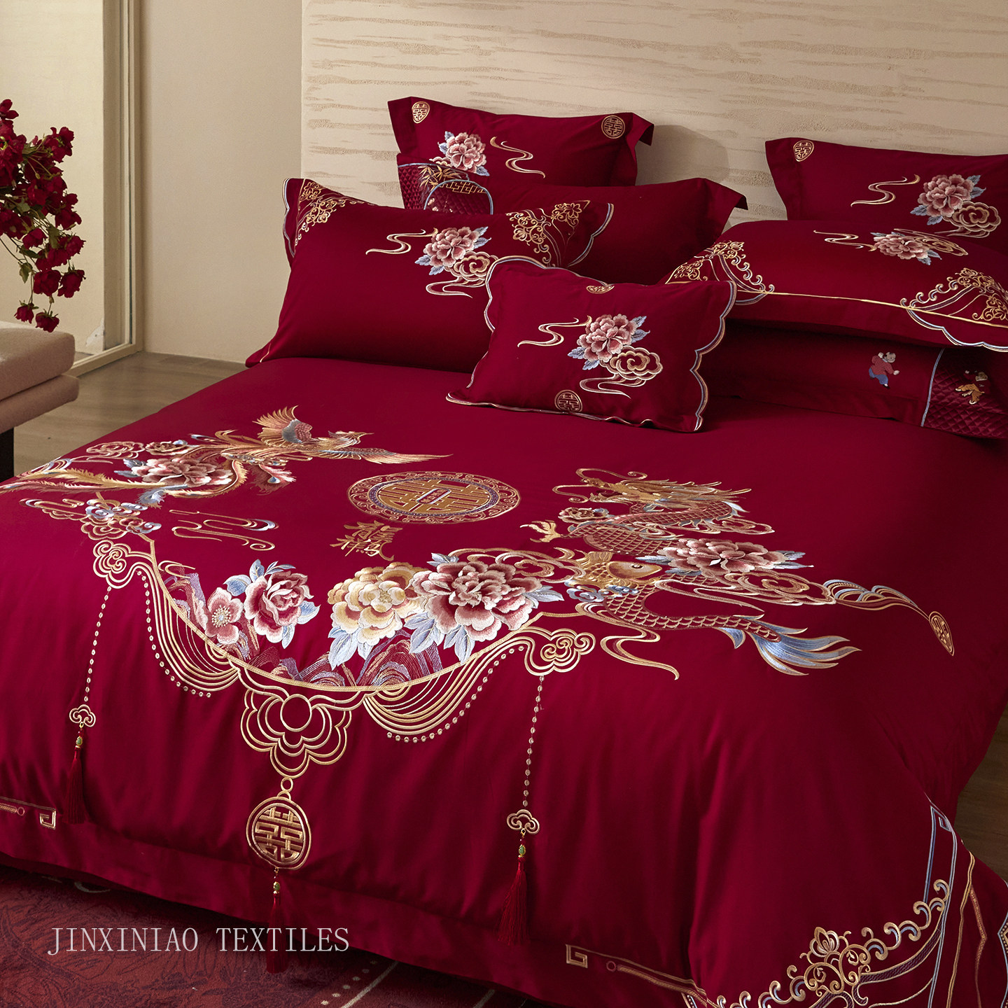 实拍中式婚庆四件套纯棉大红色刺绣龙凤喜被套结婚喜庆床上用品