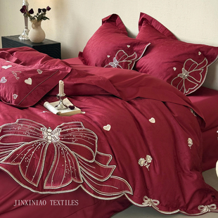 大红色年轻人结婚四件套纯棉浪漫蝴蝶结婚庆被套陪嫁婚礼床上用品