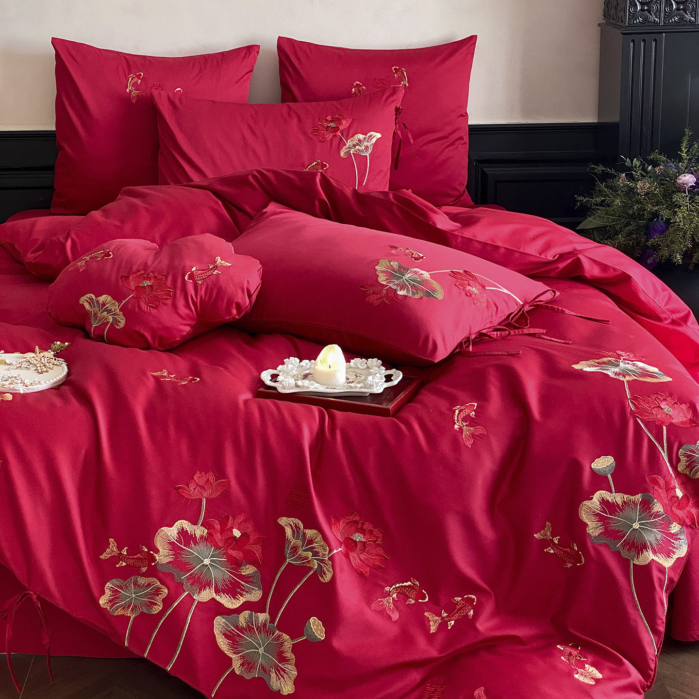 中式婚庆长绒棉精密刺绣婚庆四件套大红色纯棉全棉结婚陪嫁床品,床上用品,婚庆床品套件,淘宝优惠券,粉丝福利购,淘宝优惠卷