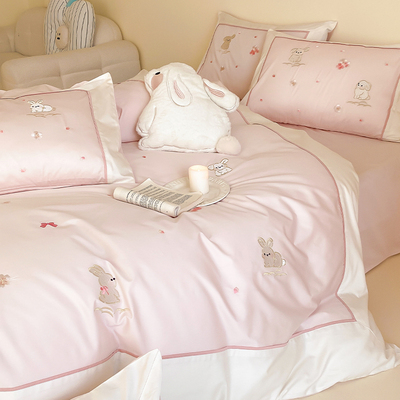 金喜鸟家纺紫色樱花兔可爱卡通四件套纯棉全棉100s长绒棉高密度