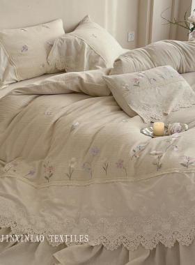 金喜鸟家纺兰知春序法式大花边被套床单四件套纯棉全棉刺绣棉麻款