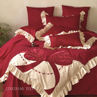 大红色蝴蝶结婚四件套床上用品高端上档次全棉婚庆陪嫁婚礼年轻人