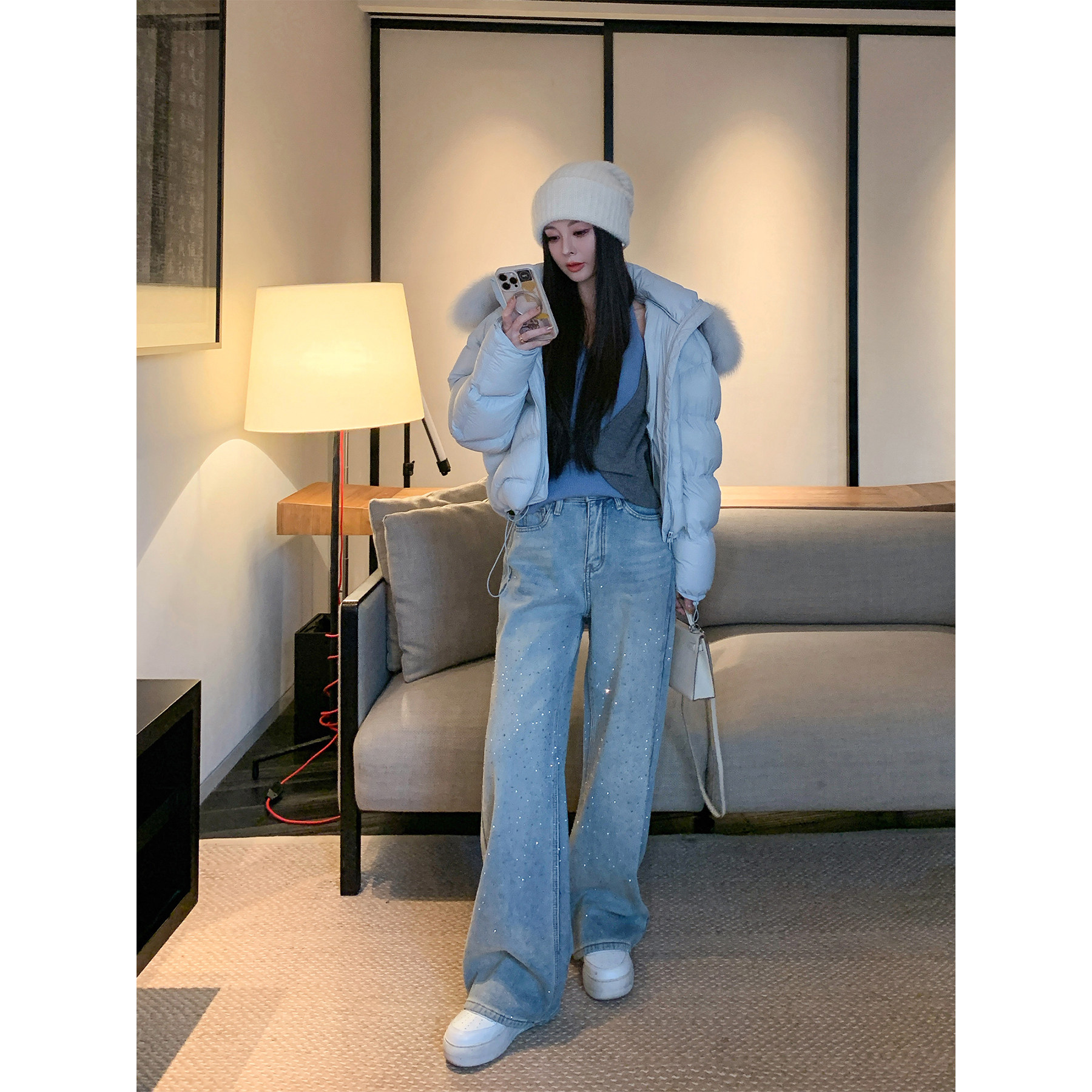 12/23  10AM 徐琳 满天星重工牛仔裤女宽松直筒阔腿显瘦带钻裤子