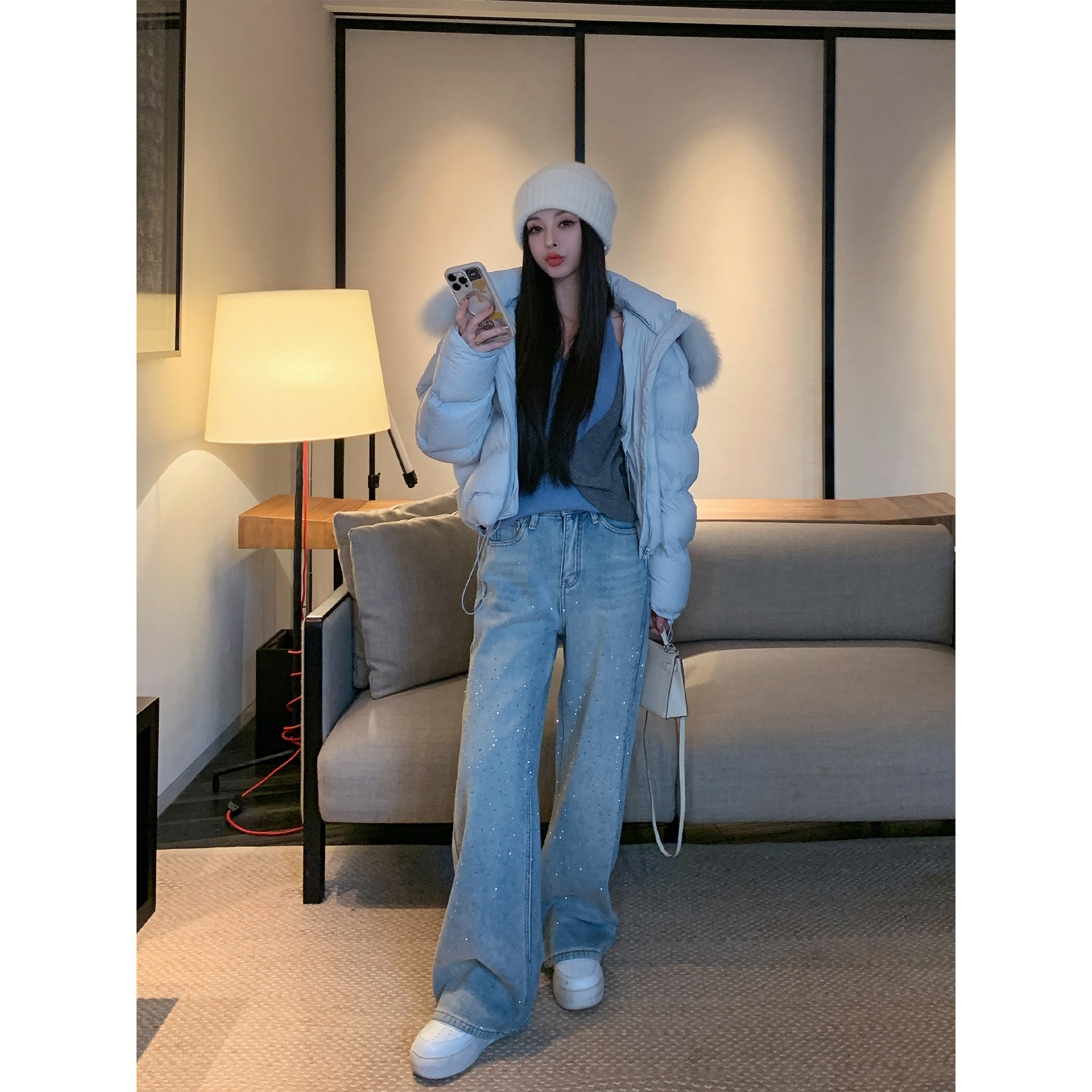 12/23  10AM 徐琳 满天星重工牛仔裤女宽松直筒阔腿显瘦带钻裤子