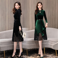 中长款 蕾丝裙子女 高贵气质打底长袖 秋装 金丝绒连衣裙2019新款 女装