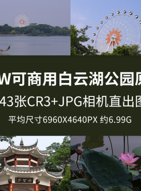raw可商用白云湖公园原片湖水森林小桥凉亭摩天轮广州景色实拍图