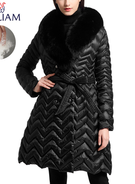 2025冬装新款 羽皇羽绒服女中长貂毛领 韩版亮面修身腰带加厚外套