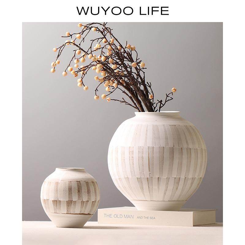 中式日式侘寂风复古禅意素雅手绘粗陶书剑罐磨砂米白色大肚陶瓷罐