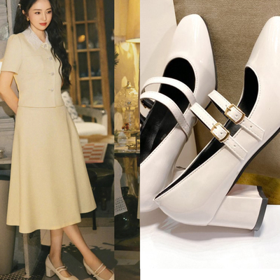 你好1983董璇同款黑色复古方头浅口粗跟单鞋女2025新款玛丽珍鞋